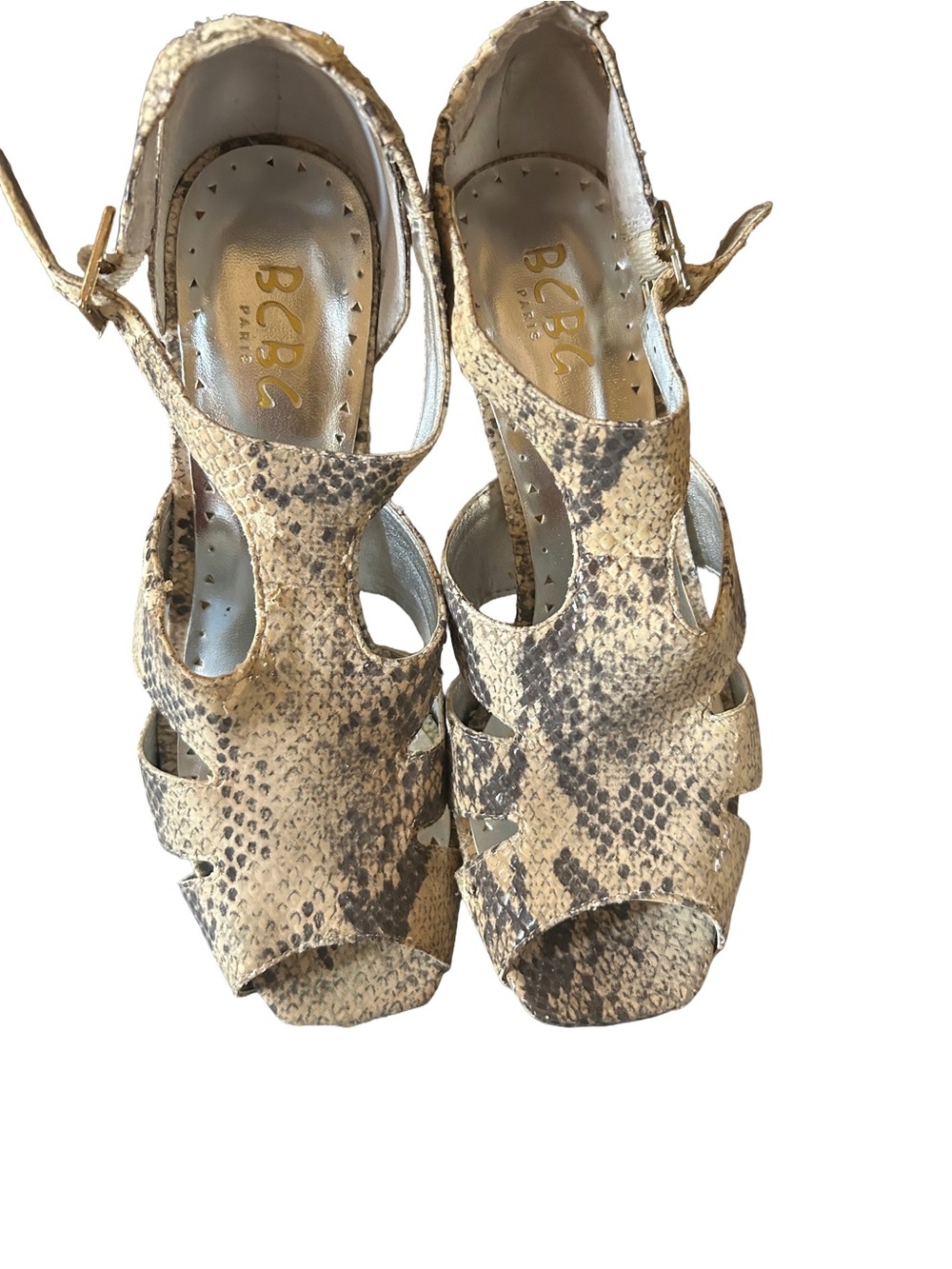 BCBG Paris Snakeskin Print Cage Heels Sandals Faux Leather Tan Black